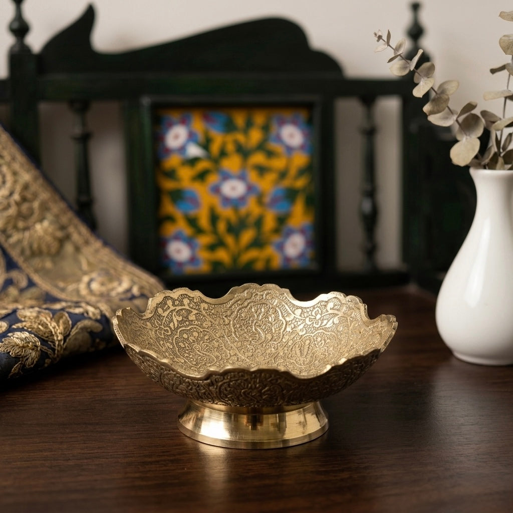 Handcrafted Brass Decorative Bowls Set of 2 | Antique Engraved Floral Design Serving Bowls