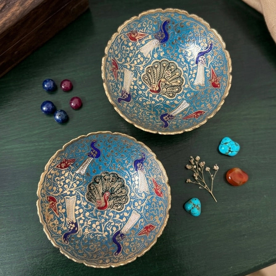 Handcrafted Meenakari Brass Bowls Set of 2 | Peacock Design Decorative Dry Fruit & Serving Bowls