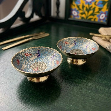 Handcrafted Meenakari Brass Bowls Set of 2 | Peacock Design Decorative Dry Fruit & Serving Bowls