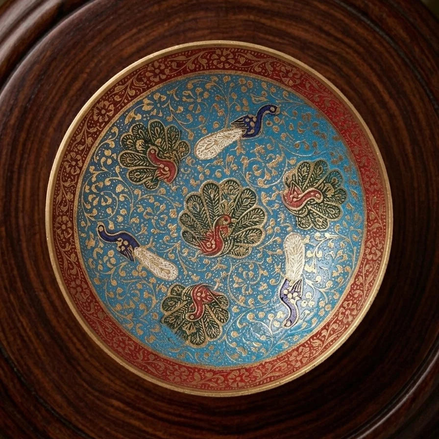 Handcrafted Brass Decorative Plate | Peacock & Floral Design Meenakari Artwork for Home Décor