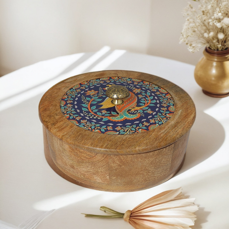 Elegant Floral Circular Print Wooden Roti Box – Stylish & Durable Storage Solution