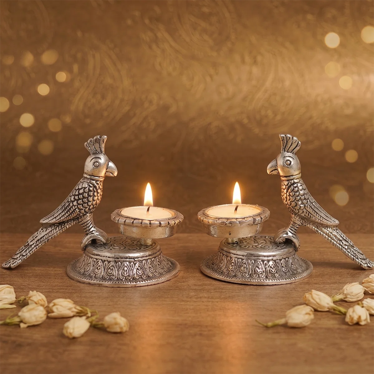 Gold Swan & Silver Parrot Tealight Holders Festive Gift Set of 4