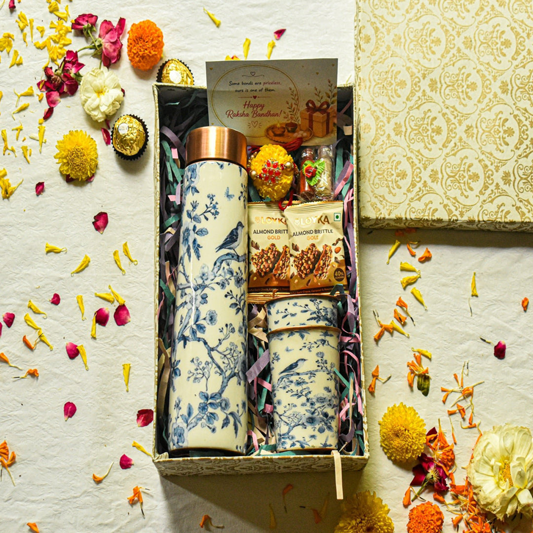 Premium Rakhi Gift Box- Blooming Bird Copper Bottle + 2 Glasses Set