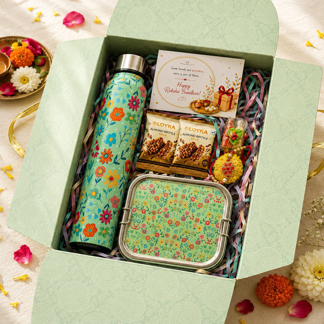 Premium Rakhi Gift Box- Green Floral Bottle+ Green Floral 1tier Lunchbox