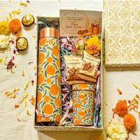Premium Rakhi Gift Box- Marigold Copper Bottle + 2Glass Set