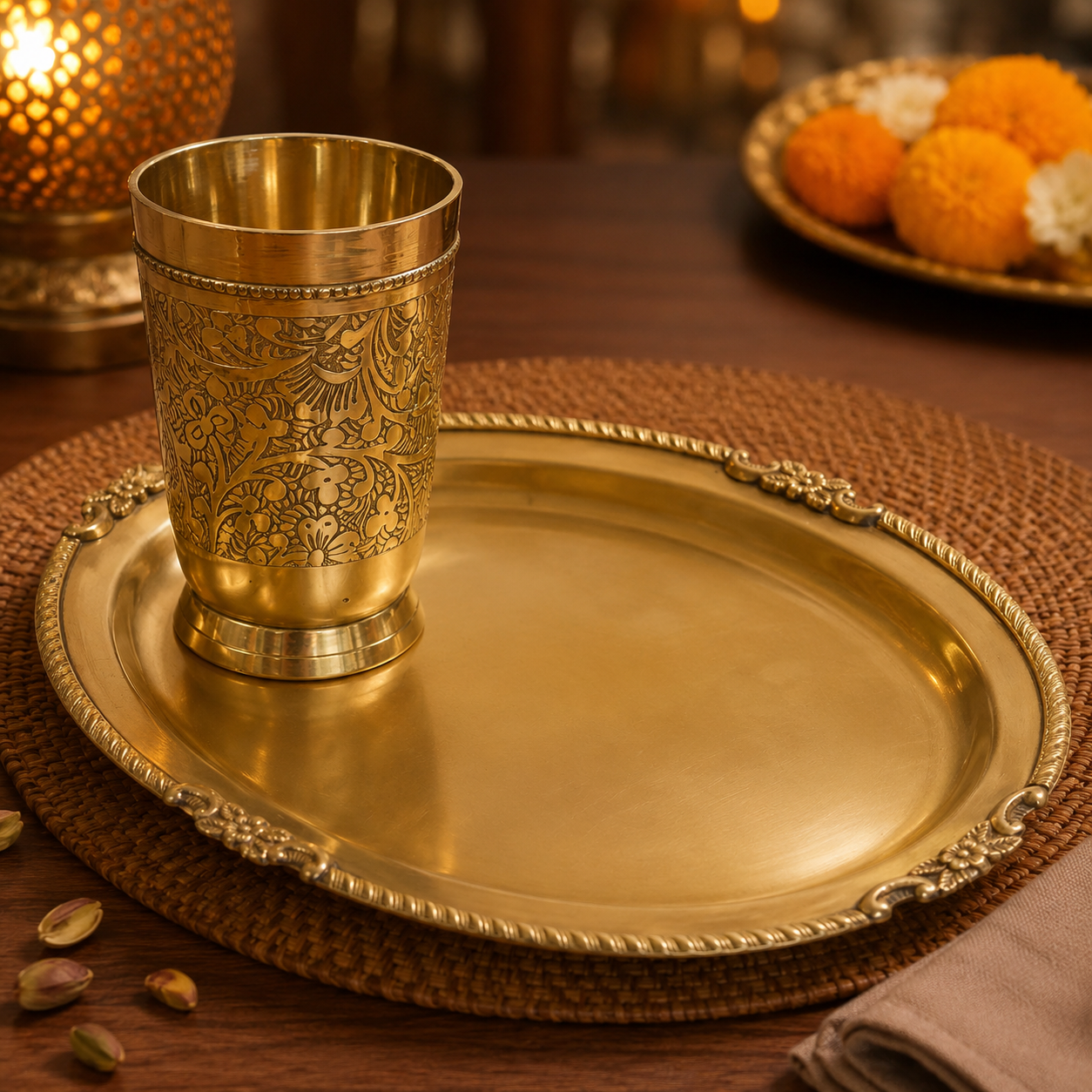 Elegant Brass Glass & Oval Tray Festive Gift Combo Set