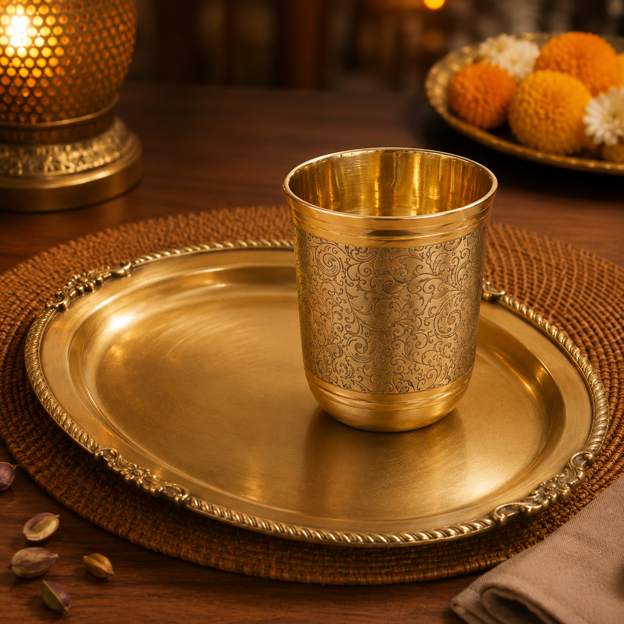 Elegant Brass Glass & Oval Tray Festive Gift Combo Set