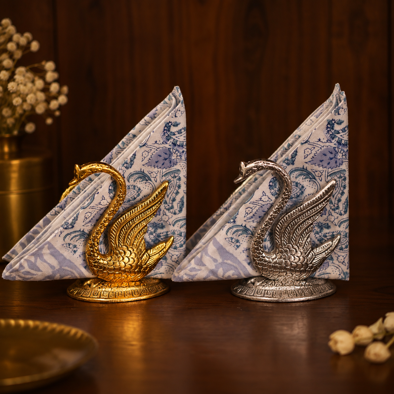 Elegant Gold & Silver Swan Tissue Holder Set of -2