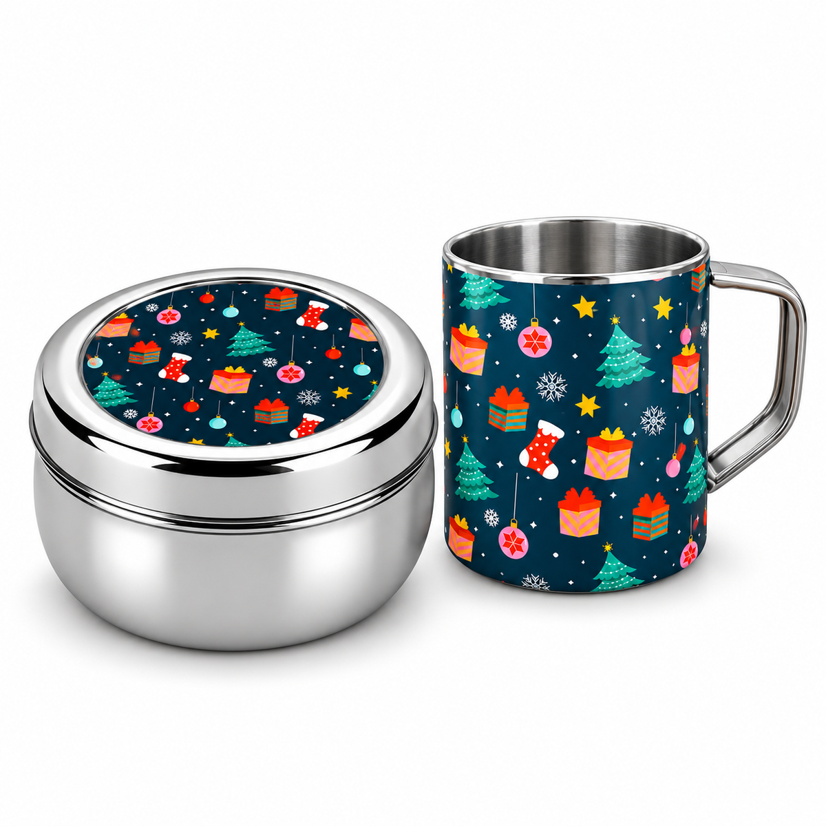 Santa’s Festive Combo – Steel Mug & Snacks Box