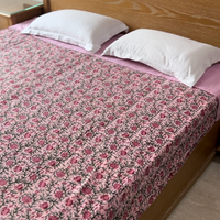 Elegant Pink Block Printed Bedcover | Artisan-Made 100% Cotton Bedspread