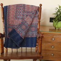 Reddish Blue Ajrakh With Kantha Bedcover | Artisan-Made 100% Cotton Bedspread