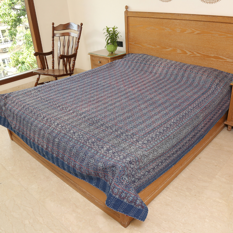 Intricate Blue Ajrakh With Kantha Bedcover | Artisan-Made 100% Cotton Bedspread