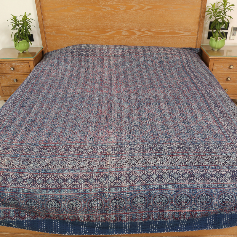 Intricate Blue Ajrakh With Kantha Bedcover | Artisan-Made 100% Cotton Bedspread