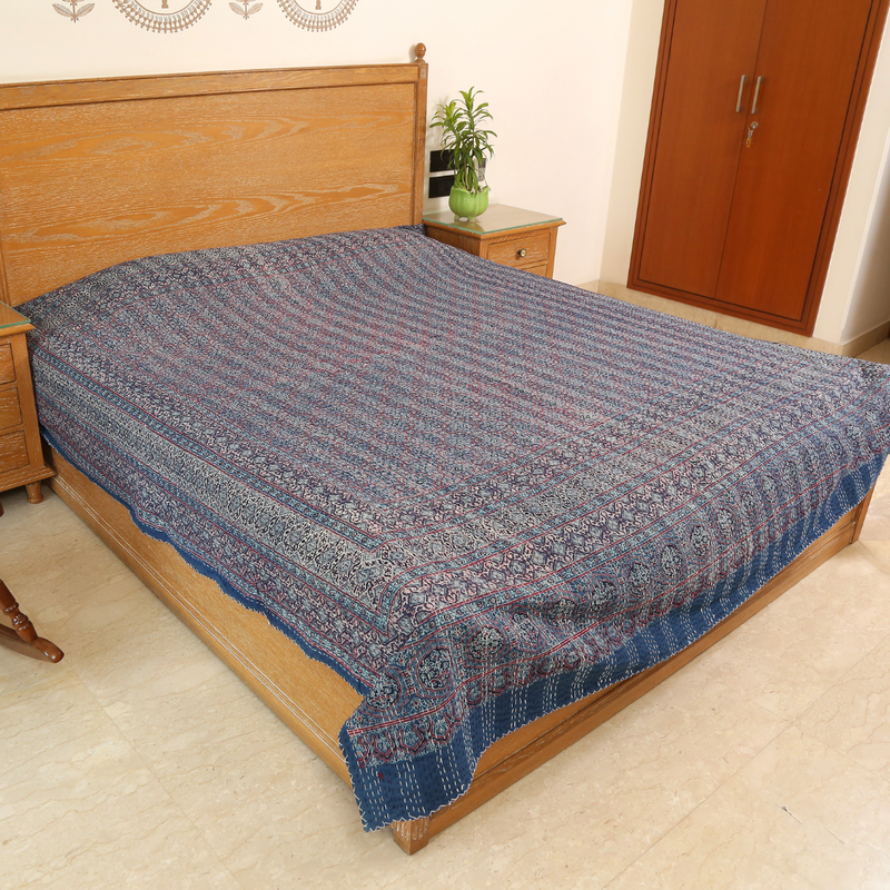 Intricate Blue Ajrakh With Kantha Bedcover | Artisan-Made 100% Cotton Bedspread