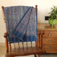 Intricate Blue Ajrakh With Kantha Bedcover | Artisan-Made 100% Cotton Bedspread