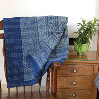 Dark Blue Ajrakh With Kantha Bedcover | Artisan-Made 100% Cotton Bedspread