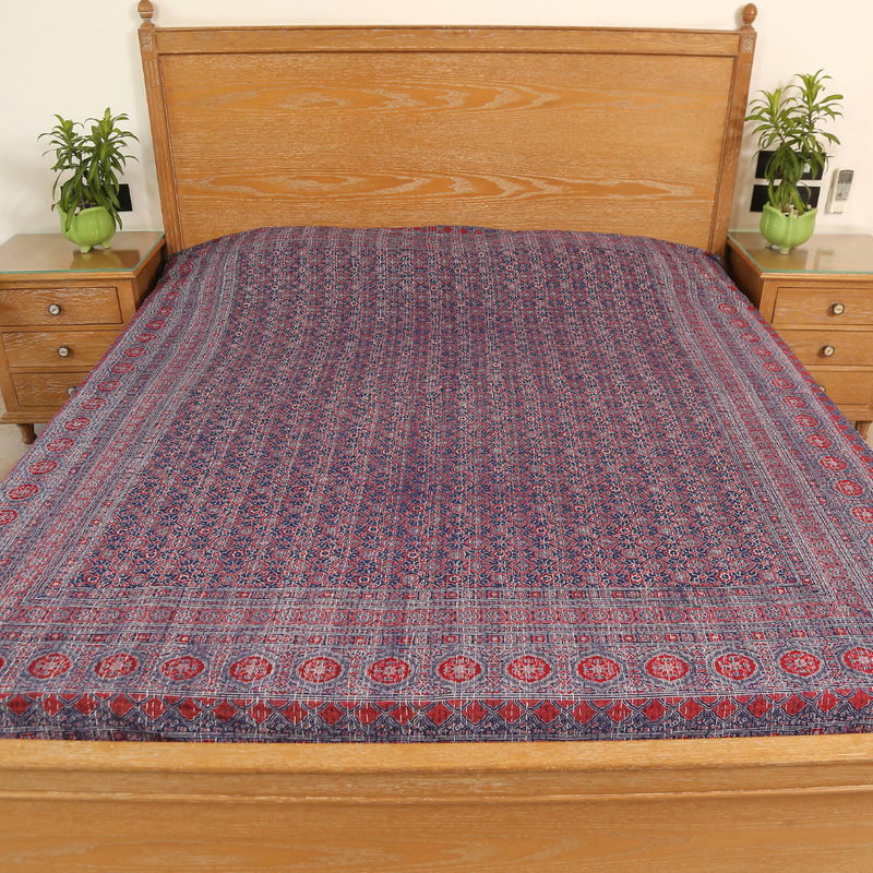 Bluish Red Ajrakh With Kantha Bedcover | Artisan-Made 100% Cotton Bedspread