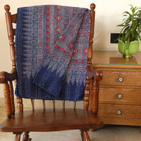 Bluish Red Ajrakh With Kantha Bedcover | Artisan-Made 100% Cotton Bedspread