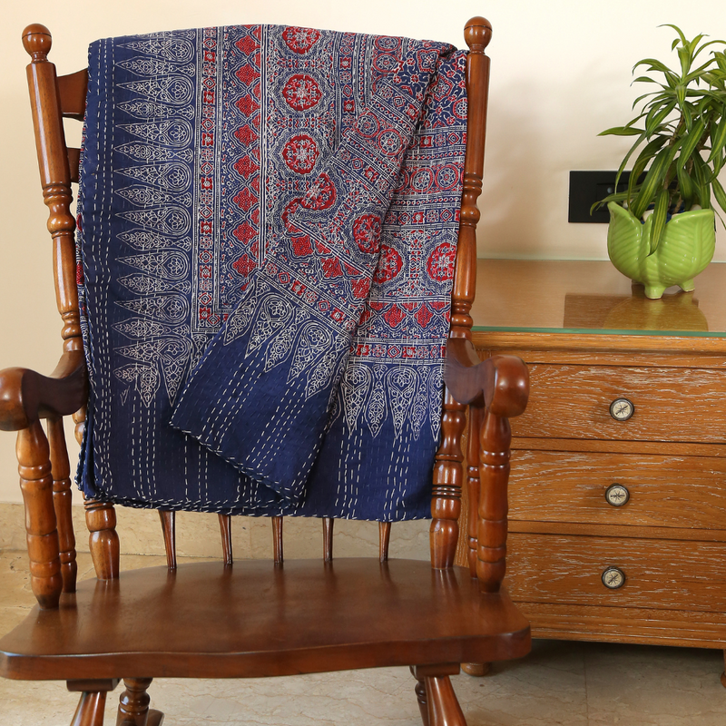 Ajrakh with Kantha Bedcover | Artisan-Made 100% Cotton Bedspread