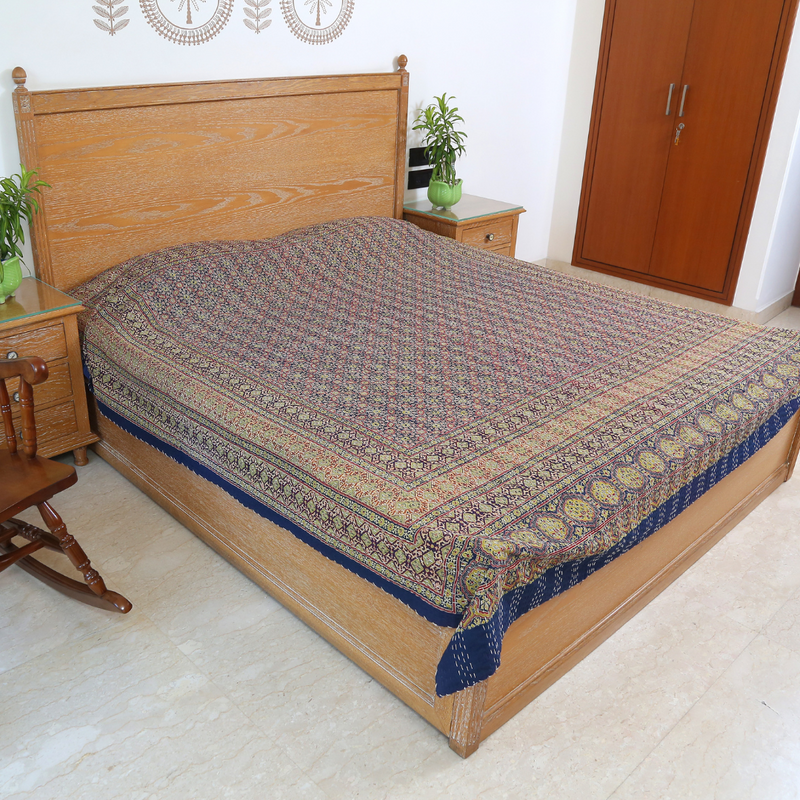 Bluish Green Ajrakh With Kantha Bedcover | Artisan-Made 100% Cotton Bedspread