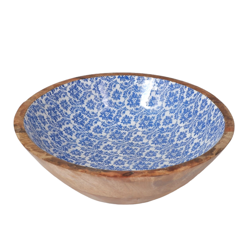 Blue Wooden Bowl with Wooden Spoon | Handcrafted Serving Set of 2