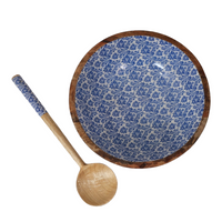 Blue Wooden Bowl with Wooden Spoon | Handcrafted Serving Set of 2