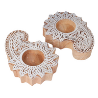 Traditional Wooden Paisley Block Print Diya | Artisan-Made Indian T Lite (Set of 2)