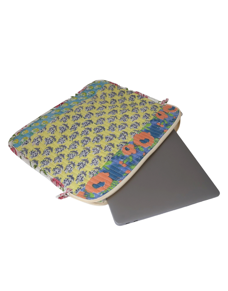 Navy Blue Floral Block Print Laptop Sleeve