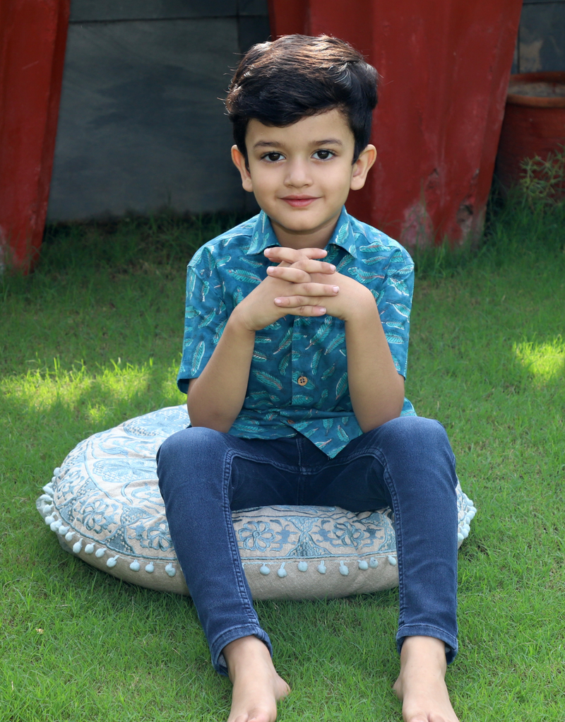 Sea Green Hand Block Printed Boys Shirt