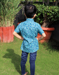 Sea Green Hand Block Printed Boys Shirt