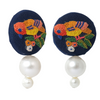 Embroidered Parsi Gara Blue Bird Pearl Earrings