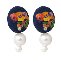 Embroidered Parsi Gara Blue Bird Pearl Earrings