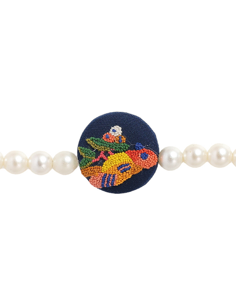 Embroidered Parsi Gara Blue Bird Pearl Bracelet