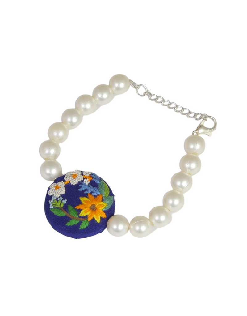 Embroidered Parsi Gara Blue Blooming Flower Pearl Bracelet