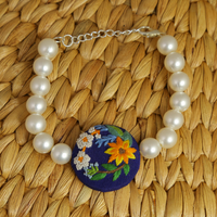 Embroidered Parsi Gara Blue Blooming Flower Pearl Bracelet