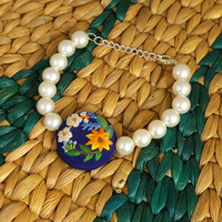 Embroidered Parsi Gara Blue Blooming Flower Pearl Bracelet