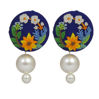 Embroidered Parsi Gara Blue Blooming Flower Pearl Earrings