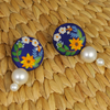 Embroidered Parsi Gara Blue Blooming Flower Pearl Earrings