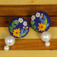 Embroidered Parsi Gara Blue Blooming Flower Pearl Earrings