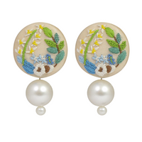 Embroidered Parsi Gara Cream Blooming Flower Pearl Earrings