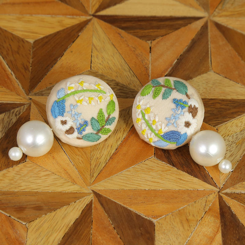 Embroidered Parsi Gara Cream Blooming Flower Pearl Earrings