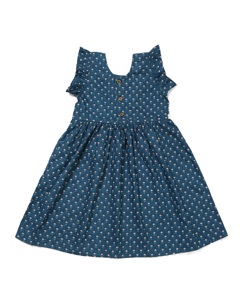 Blue Hand Block Floral Printed Girls Frock