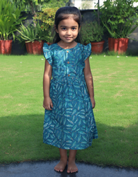 Sea Green Hand Block Floral Printed Girls Frock