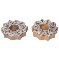 Traditional Wooden Flower Block Print Diya | Artisan-Made Indian T Lite (Set of 2)