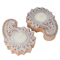 Traditional Wooden Paisley Block Print Diya | Artisan-Made Indian T Lite (Set of 2)