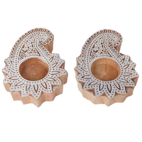 Traditional Wooden Paisley Block Print Diya | Artisan-Made Indian T Lite (Set of 2)