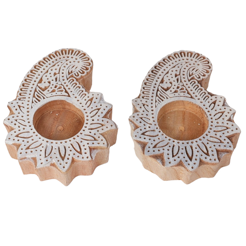 Traditional Wooden Paisley Block Print Diya | Artisan-Made Indian T Lite (Set of 2)