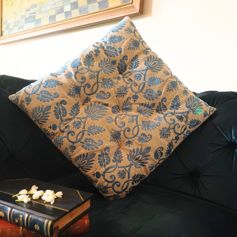 Elegant Blue Leaf Brocade Cushion – Luxe Decorative Sofa Pillow