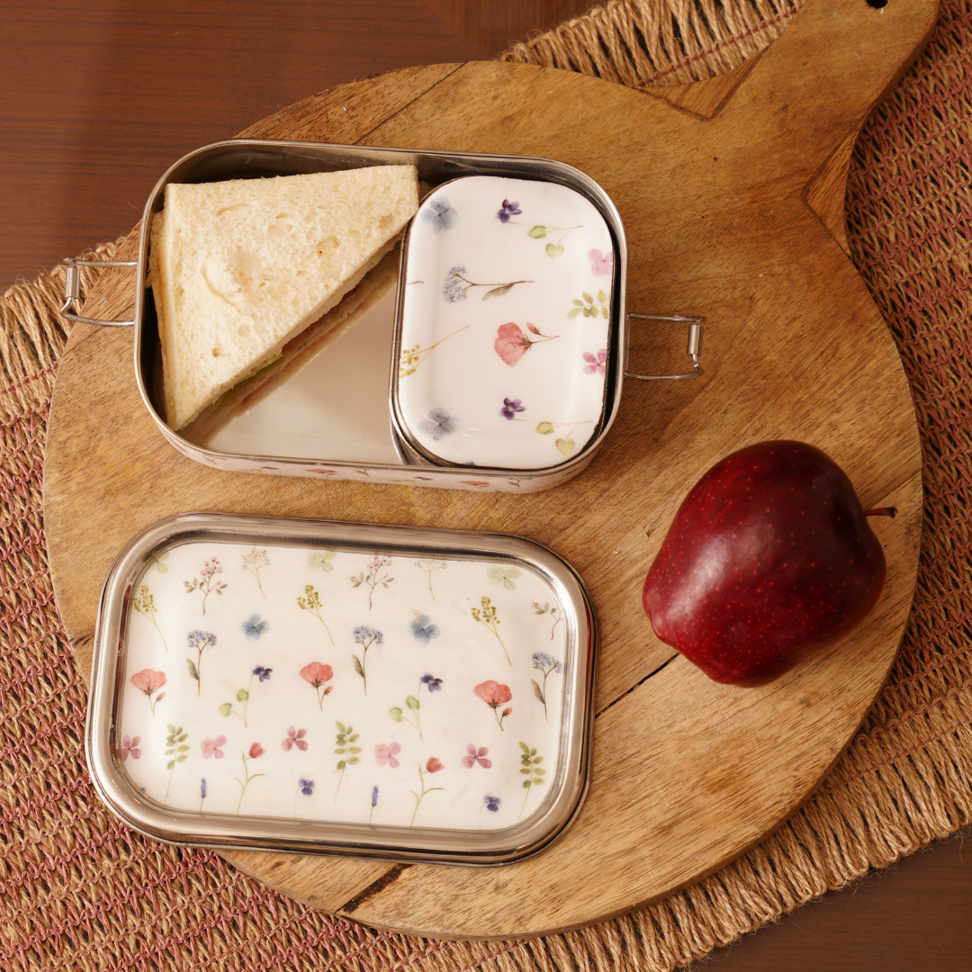 Meenakari Steel Tiffin Box – Stylish & Durable -Set Of 2 ( White Floral+ Flamingo)