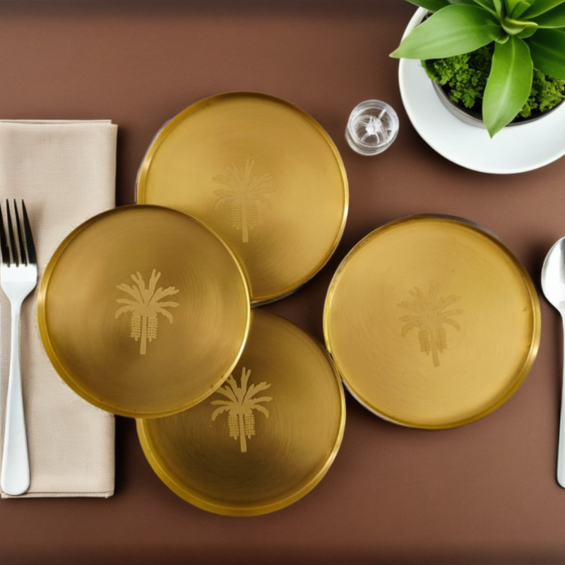 Leaf Embossed Brass Coaster | Elegant Drink Coasters for Home & Dining Decor ( Set of 4)